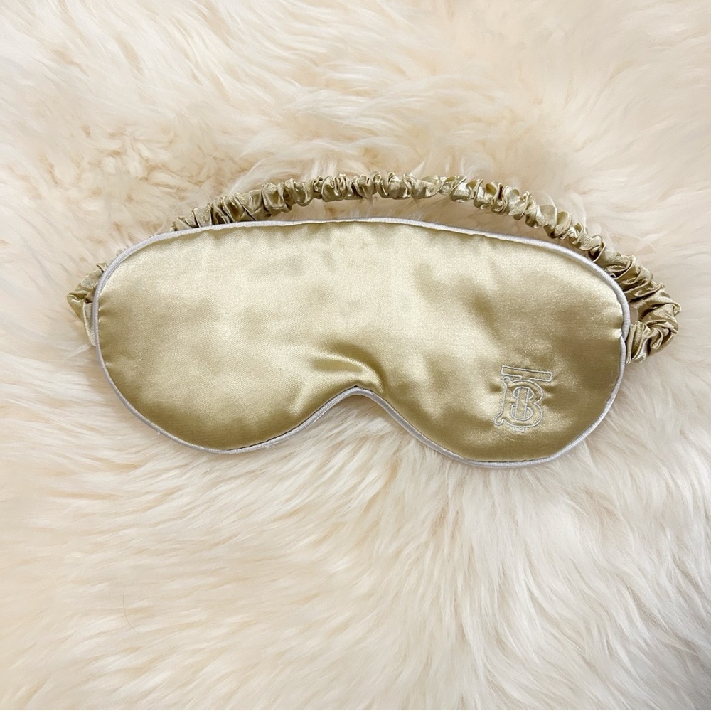 Burberry Satin Sleep Eye Mask Gold Champagne Embroidered Logo Luxury Travel